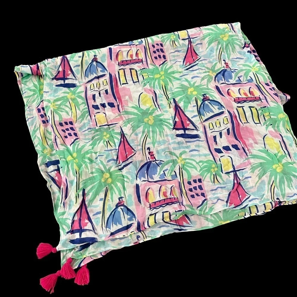 Stella & Dot Pink Green Modal Pastel Sailboat Palm Tree Rectangle Scarf Tassels